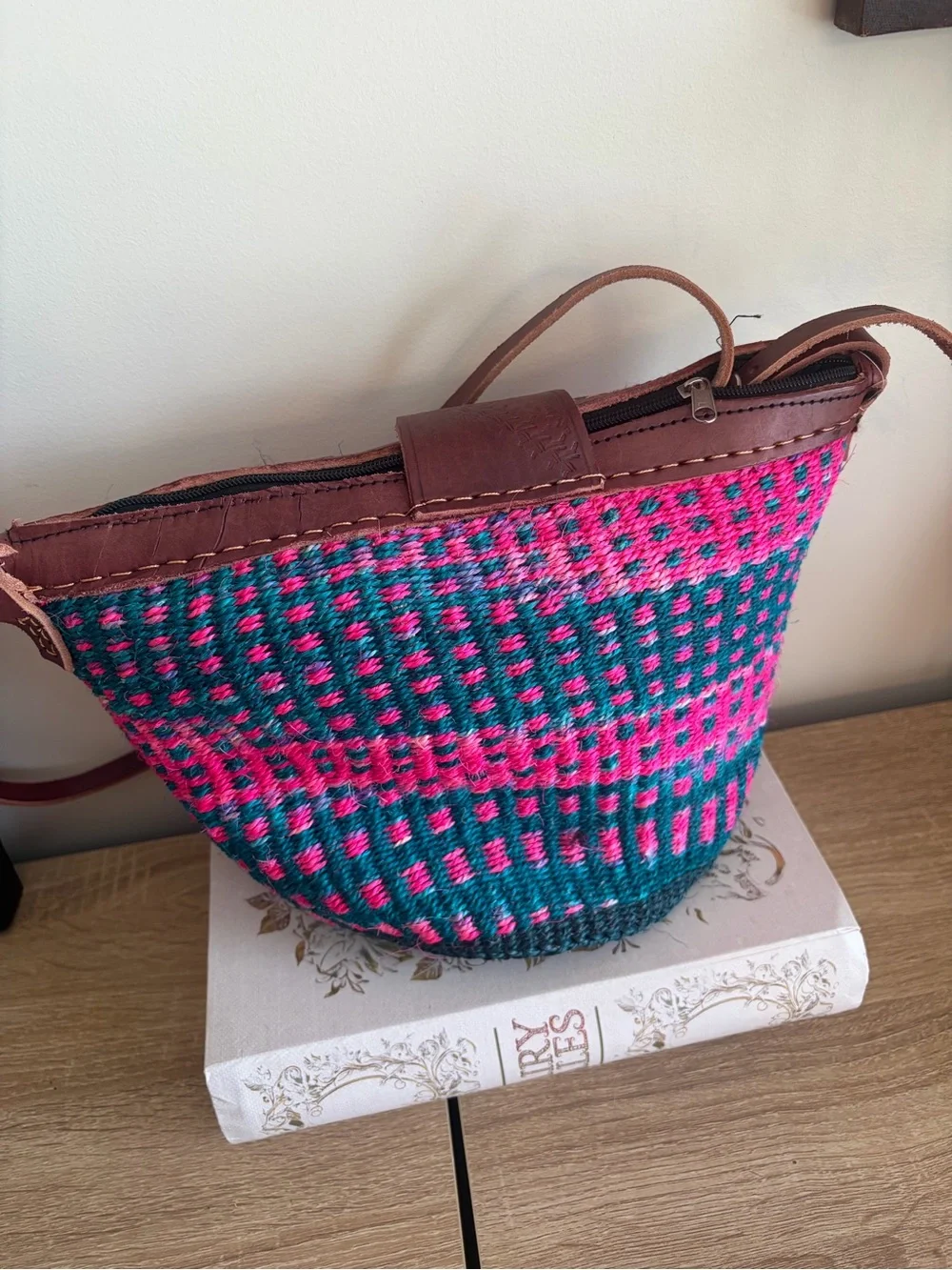 Woven Shoulder Bag in Fuchsia and Teal with Brown Leather Trim